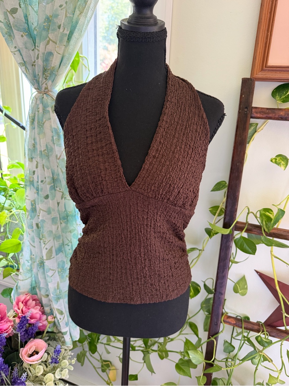 See You Monday Dark Brown Textured Halter V-Neck Crop Top